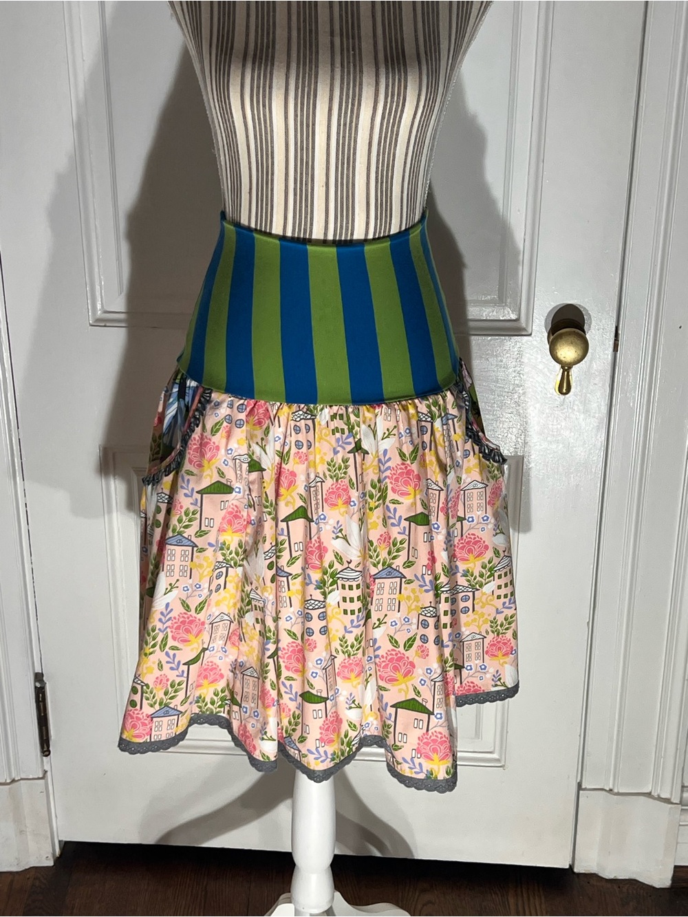 Striped Green & Blue Waist Floral Pocket Skirt Matilda Jane city print s457